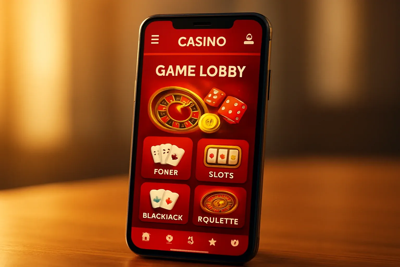 Smartphone Android con app de casino móvil, lobby de juegos y acentos rojos