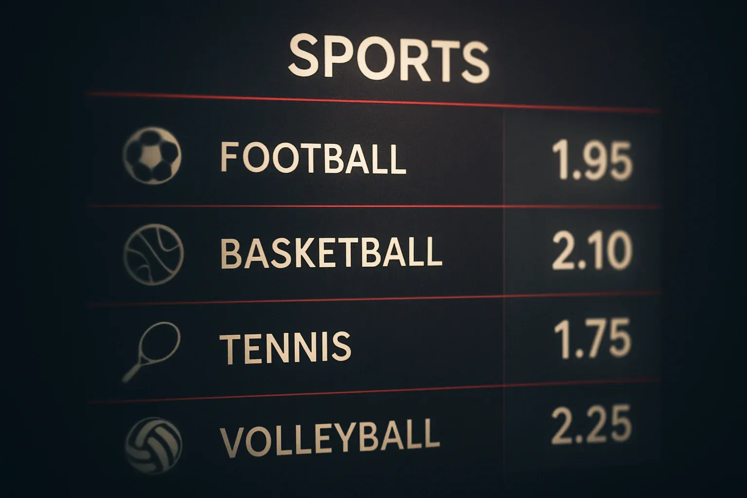 Mercados de apuestas deportivas con cuotas e íconos en fondo oscuro