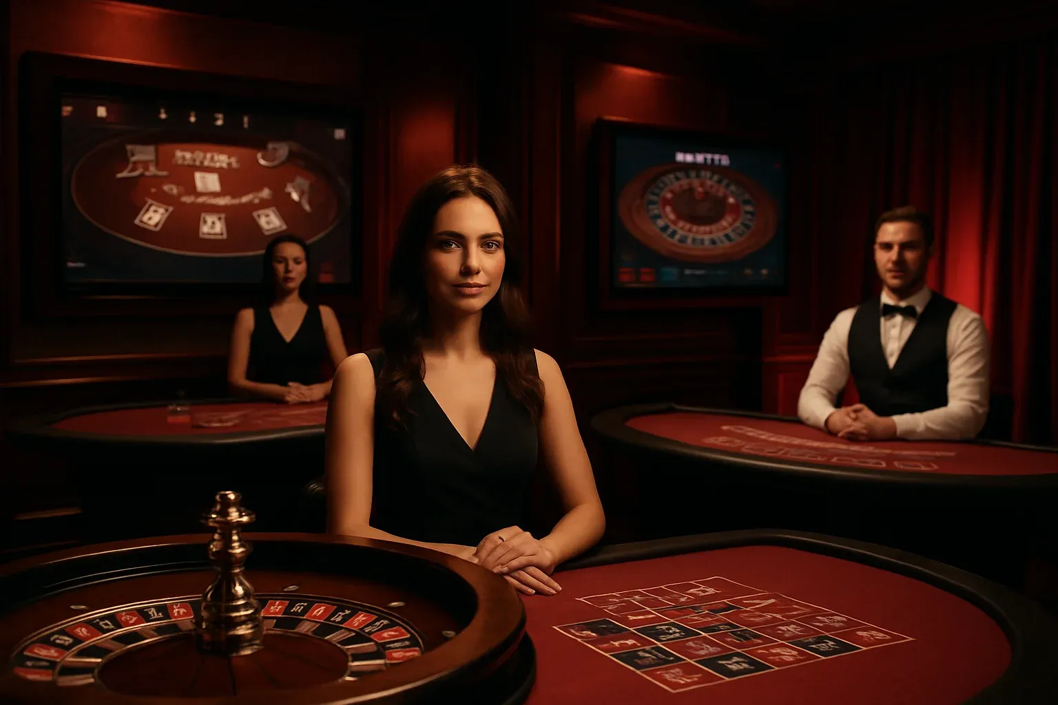 Estudio elegante de casino en vivo con crupieres, ruleta y blackjack
