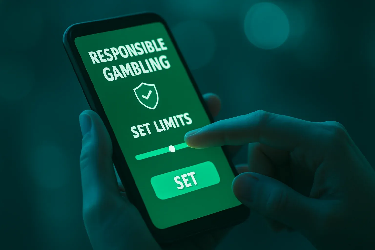 Persona configurando límites en smartphone, tema verde de seguridad y bienestar