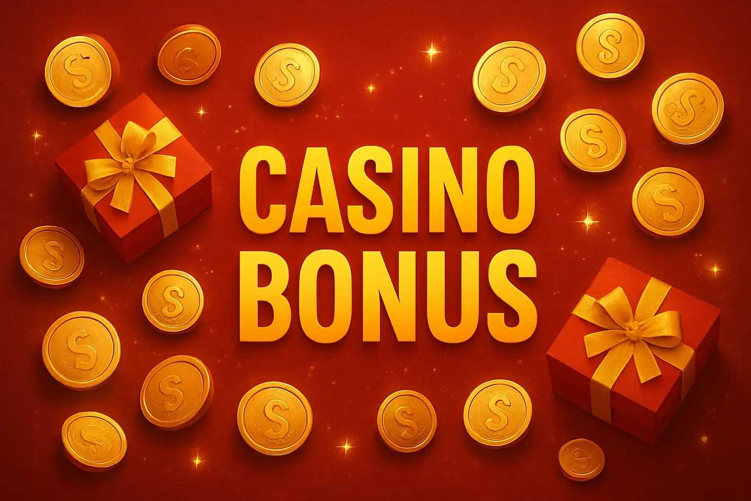Banner promocional de bono casino con monedas doradas y regalos en colores de Bolivia