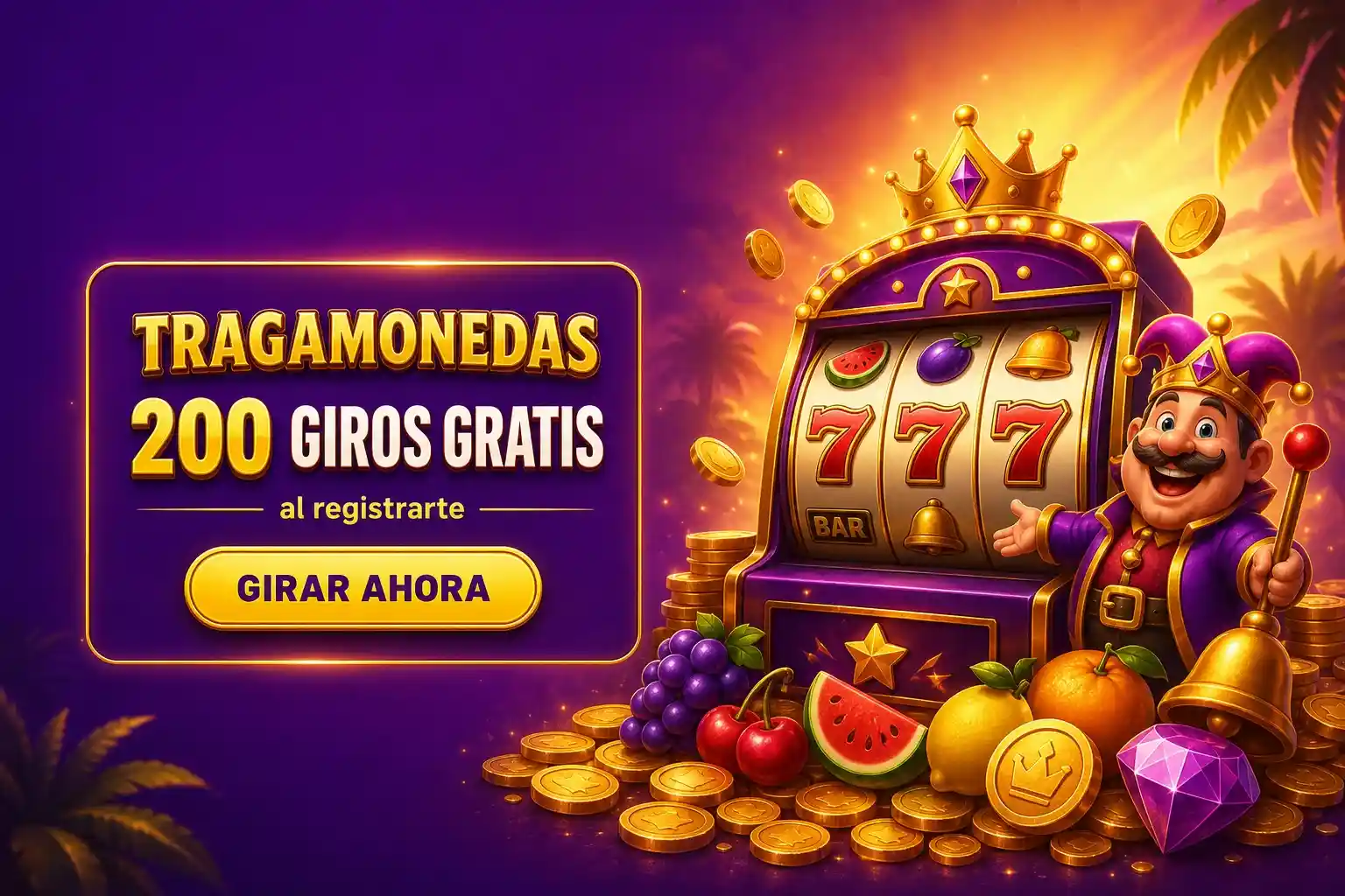 Banner promocional de tragamonedas con fondo morado y dorado, giros gratis